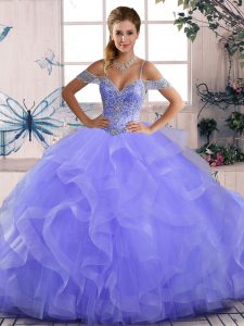 Lavender Tulle Lace Up 15th Birthday Dress Sleeveless Asymmetrical Beading and Ruffles