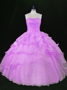 Trendy Sleeveless Organza Floor Length Lace Up 15 Quinceanera Dress in Lavender with Beading and Ruffles