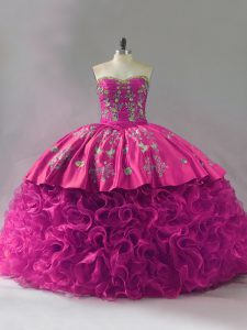 Ball Gowns Vestidos de Quinceanera Fuchsia Sweetheart Fabric With Rolling Flowers Sleeveless Floor Length Lace Up