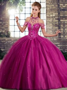 Halter Top Sleeveless Tulle Quince Ball Gowns Beading Brush Train Lace Up