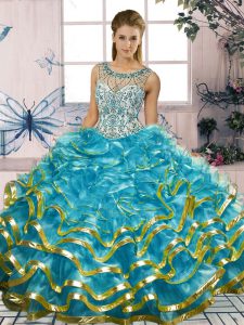 Sleeveless Floor Length Beading and Ruffles Lace Up Quinceanera Dresses with Blue