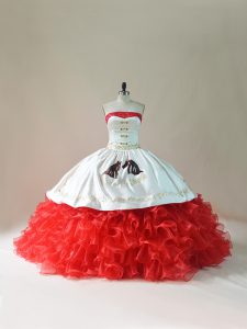 Ideal Strapless Sleeveless Brush Train Lace Up Sweet 16 Dresses White And Red Organza