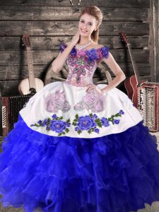 Gorgeous Royal Blue Off The Shoulder Lace Up Embroidery and Ruffles 15 Quinceanera Dress Sleeveless