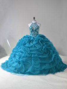 Teal Sweet 16 Quinceanera Dress Sweet 16 and Quinceanera with Beading and Pick Ups Halter Top Sleeveless Lace Up