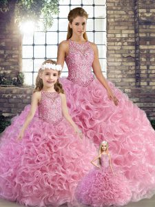 Simple Sleeveless Fabric With Rolling Flowers Floor Length Lace Up Quinceanera Gown in Rose Pink with Beading