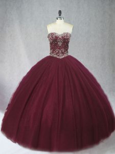 Perfect Burgundy Sleeveless Tulle Lace Up Sweet 16 Dress for Sweet 16 and Quinceanera