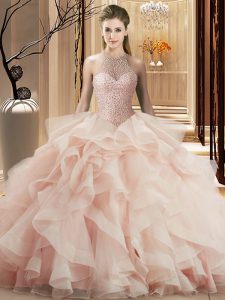 Fantastic Pink Ball Gown Prom Dress Sweet 16 and Quinceanera with Beading and Ruffles Halter Top Sleeveless Brush Train Lace Up