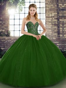 Green Ball Gowns Sweetheart Sleeveless Tulle Floor Length Lace Up Beading Sweet 16 Dresses