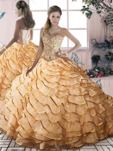 New Arrival Gold Ball Gowns Beading and Ruffled Layers Quinceanera Gowns Lace Up Organza Sleeveless