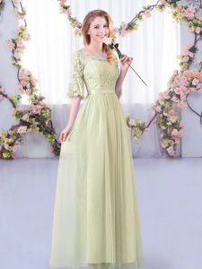 Fancy Tulle Half Sleeves Floor Length Dama Dress and Lace and Belt