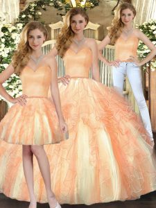Sophisticated Three Pieces Quinceanera Dresses Orange Sweetheart Organza Sleeveless Floor Length Lace Up