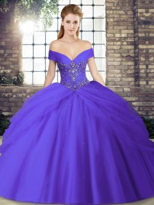 Decent Purple Ball Gowns Off The Shoulder Sleeveless Tulle Brush Train Lace Up Beading and Pick Ups Quinceanera Gowns