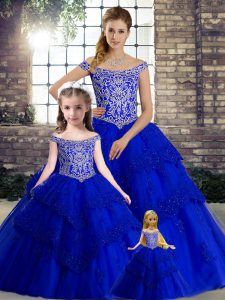 Royal Blue Lace Up Off The Shoulder Beading and Lace Sweet 16 Dress Tulle Sleeveless Brush Train