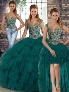 Luxurious Peacock Green Three Pieces Organza Straps Sleeveless Beading and Ruffles Floor Length Lace Up Quinceanera Dress