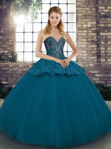 Super Beading and Appliques Sweet 16 Quinceanera Dress Blue Lace Up Sleeveless Floor Length