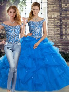 Sumptuous Blue Sweet 16 Quinceanera Dress Tulle Brush Train Sleeveless Beading and Pick Ups