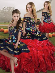 Red And Black Sleeveless Embroidery and Ruffles Floor Length Sweet 16 Quinceanera Dress