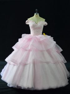 Suitable Pink Ball Gown Prom Dress Organza Brush Train Sleeveless Beading and Ruffled Layers