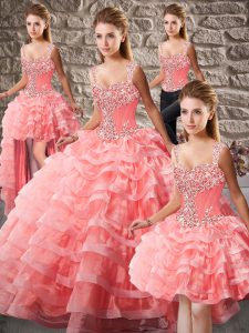 Watermelon Red Ball Gowns Beading and Ruffled Layers 15 Quinceanera Dress Lace Up Organza Sleeveless