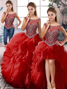 Fine Organza Scoop Sleeveless Zipper Beading and Ruffles Quinceanera Gowns in Red