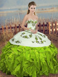 Artistic Olive Green Sweetheart Neckline Embroidery and Ruffles and Bowknot Sweet 16 Dress Sleeveless Lace Up