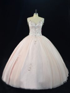 Excellent Pink V-neck Lace Up Beading Ball Gown Prom Dress Sleeveless