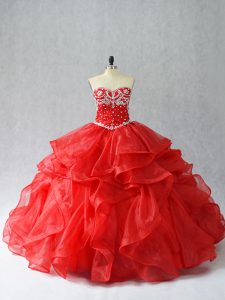 Fashion Red Organza Lace Up Quinceanera Dresses Sleeveless Floor Length Beading and Ruffles