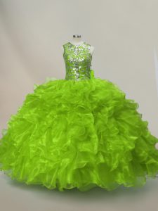 Floor Length Green Sweet 16 Quinceanera Dress Organza Sleeveless Ruffles and Sequins