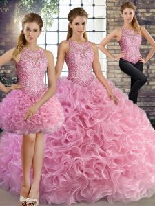 Rose Pink Fabric With Rolling Flowers Lace Up Scoop Sleeveless Floor Length Quince Ball Gowns Beading
