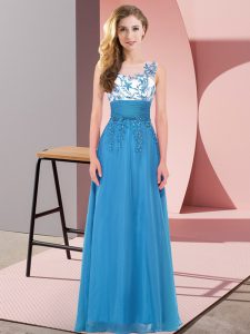 Sophisticated Floor Length Backless Dama Dress for Quinceanera Blue for Wedding Party with Appliques