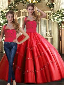 Red Sleeveless Tulle Lace Up 15th Birthday Dress for Military Ball and Sweet 16 and Quinceanera