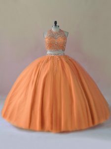 Orange Two Pieces Tulle Halter Top Sleeveless Beading Floor Length Backless Vestidos de Quinceanera