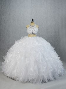 Sleeveless Organza Brush Train Lace Up Sweet 16 Dress in White with Beading and Ruffles