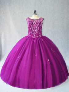 Purple Scoop Neckline Beading Vestidos de Quinceanera Sleeveless Lace Up