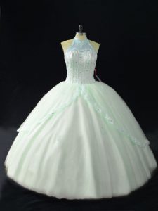Fashion Apple Green Ball Gowns Halter Top Sleeveless Tulle Floor Length Lace Up Beading 15 Quinceanera Dress