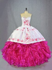 Fancy Sweetheart Sleeveless Sweet 16 Quinceanera Dress Brush Train Beading and Embroidery and Ruffles Hot Pink Organza