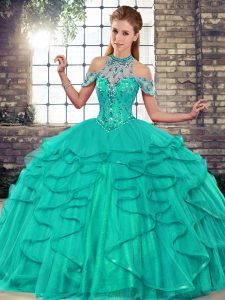Elegant Floor Length Lace Up 15 Quinceanera Dress Turquoise for Military Ball and Sweet 16 and Quinceanera with Beading and Ruffles