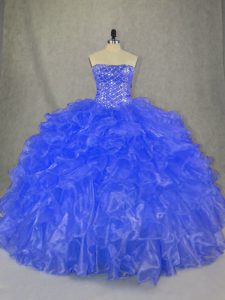 Blue Ball Gowns Strapless Sleeveless Organza Floor Length Lace Up Beading and Ruffles Sweet 16 Quinceanera Dress
