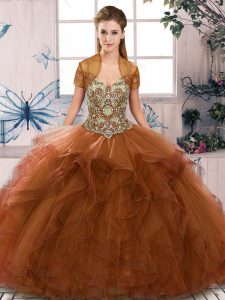 Adorable Sleeveless Tulle Floor Length Lace Up Quince Ball Gowns in Brown with Beading and Ruffles