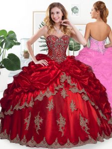 Sleeveless Organza Floor Length Lace Up 15th Birthday Dress in Wine Red with Beading and Appliques and Pick Ups
