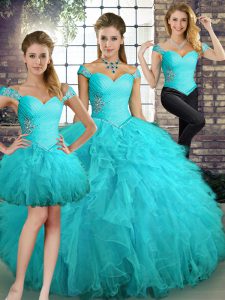 Beauteous Off The Shoulder Sleeveless Tulle Quinceanera Gowns Beading and Ruffles Lace Up