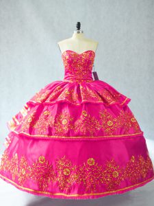 Hot Pink Lace Up Quinceanera Dresses Embroidery and Ruffled Layers Sleeveless