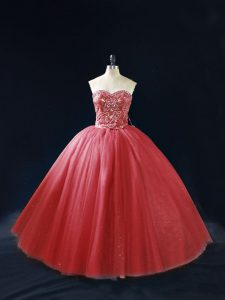Red Ball Gowns Tulle Sweetheart Sleeveless Beading Lace Up Vestidos de Quinceanera