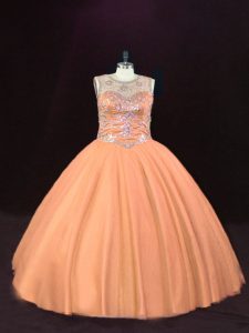 Captivating Peach Lace Up Sweet 16 Dress Beading Sleeveless Floor Length