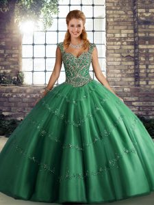 Custom Design Floor Length Green Quince Ball Gowns Tulle Sleeveless Beading and Appliques