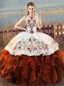 Simple Floor Length Lace Up Sweet 16 Quinceanera Dress Rust Red for Sweet 16 and Quinceanera with Embroidery and Ruffles