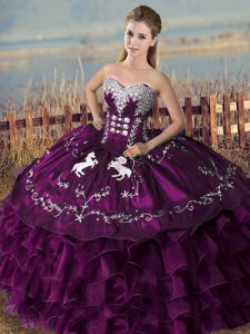 Fantastic Purple Sleeveless Satin and Organza Lace Up Quinceanera Dresses for Sweet 16 and Quinceanera