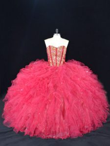 Beautiful Coral Red Ball Gowns Sweetheart Sleeveless Tulle Lace Up Beading and Ruffles Sweet 16 Quinceanera Dress
