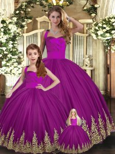 Fuchsia Halter Top Lace Up Embroidery Quince Ball Gowns Sleeveless