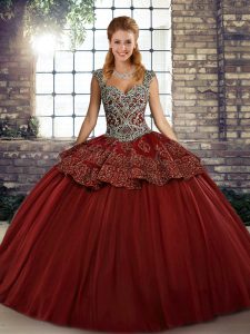 Elegant Wine Red Lace Up Straps Beading and Appliques Sweet 16 Quinceanera Dress Tulle Sleeveless